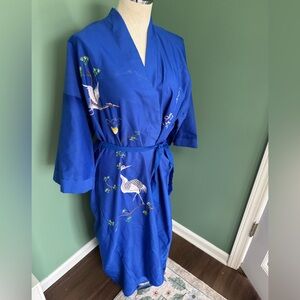 Vintage Blue Kimono Robe with Crane Embroidery